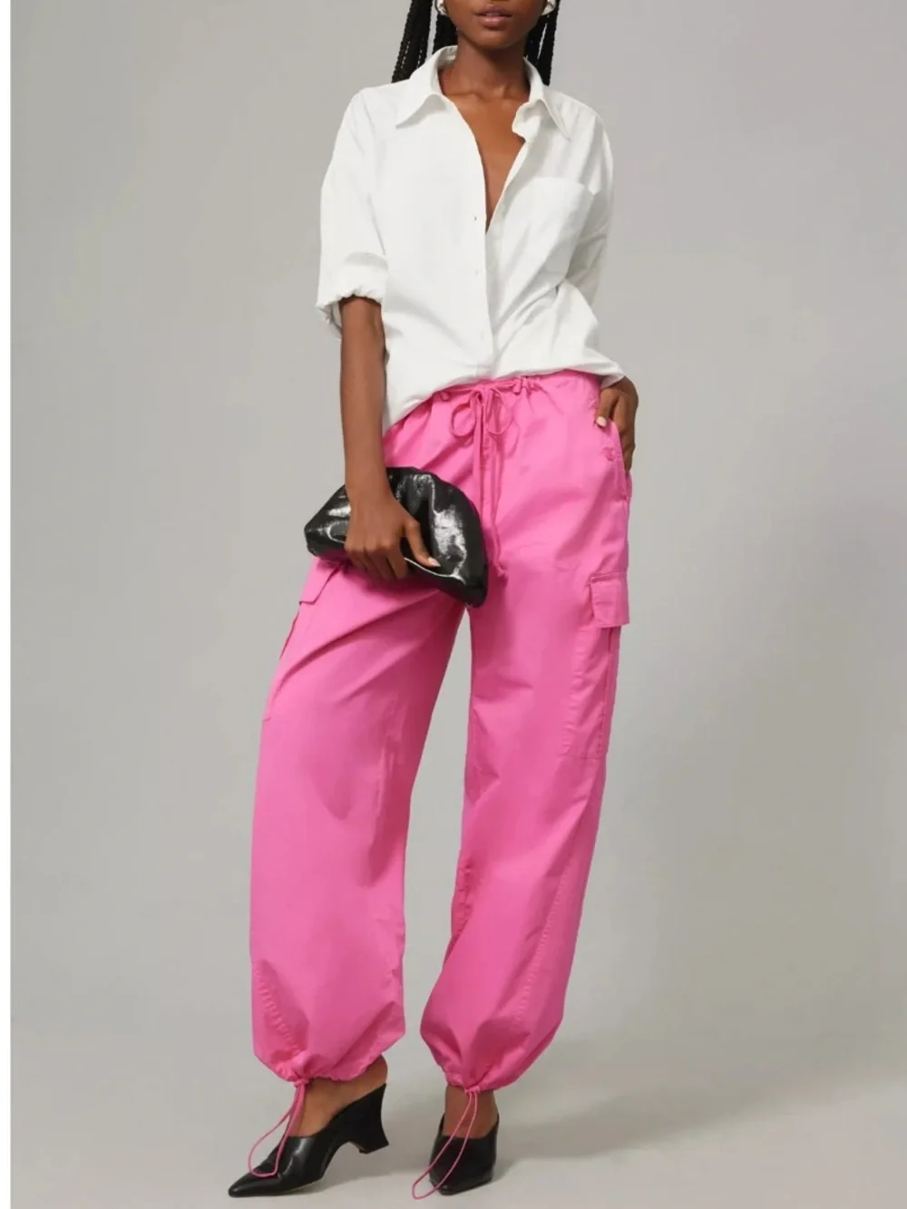 Good American Parachute Cotton Malibu Cargo Drawstring Joggers Pants NWT $138